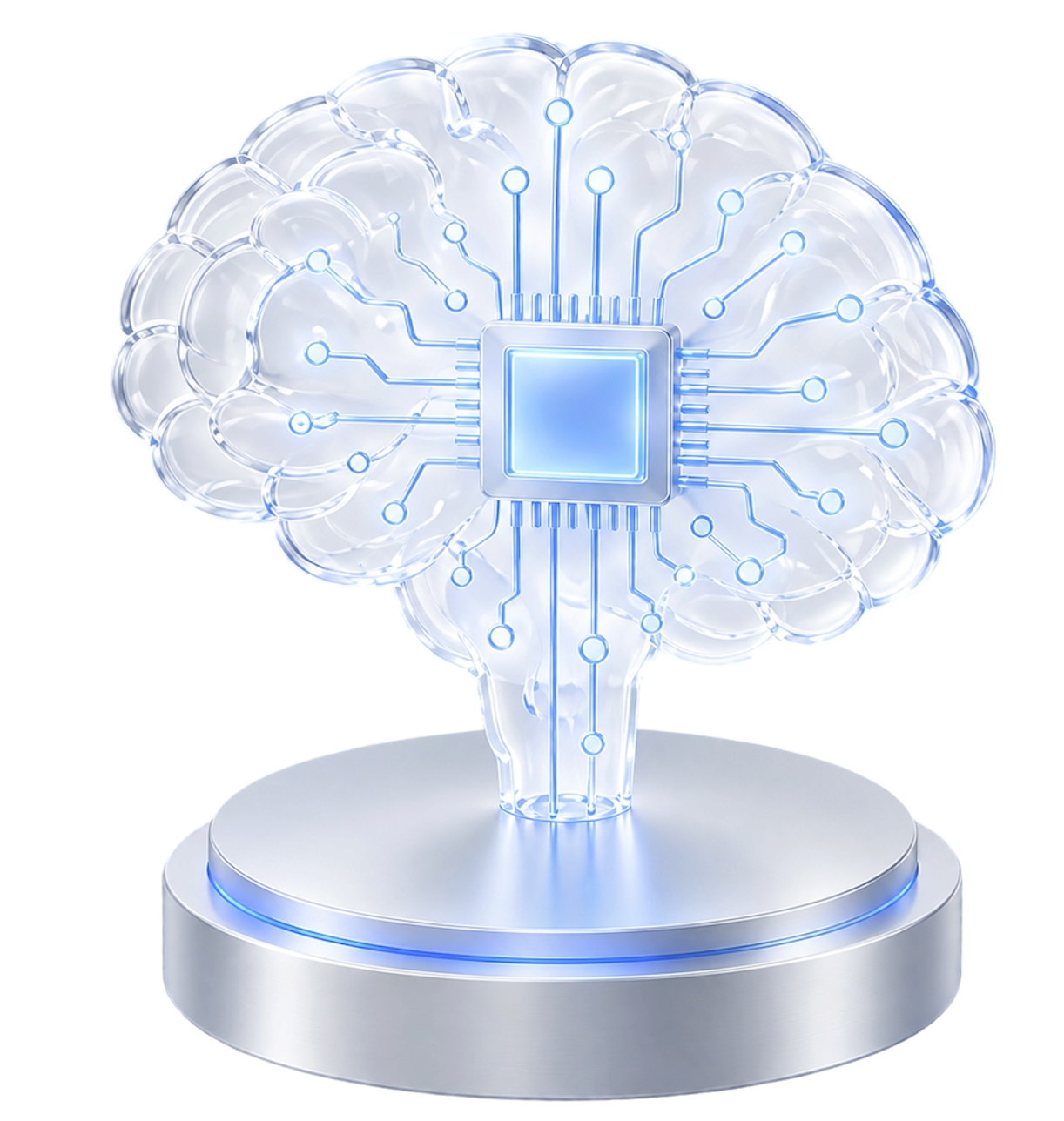 Cerebro Artificial 3D con circuitos integrados sobre plataforma metálica - LOGIQO IA